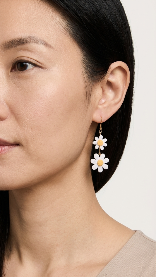 Close-up of a woman wearing floral earrings on a plain background