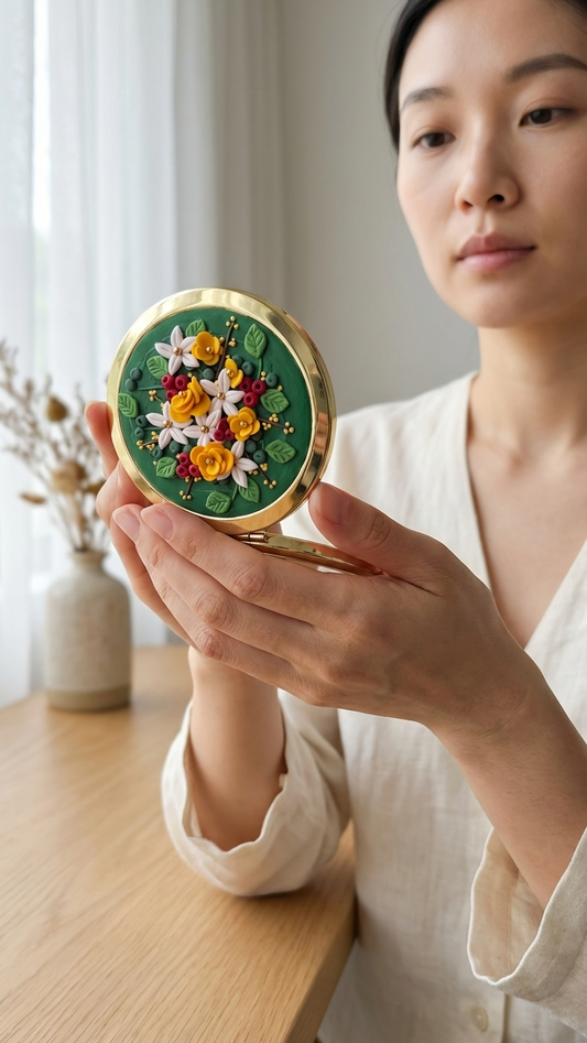 Woman holding a decorative round object with floral design in a home setting