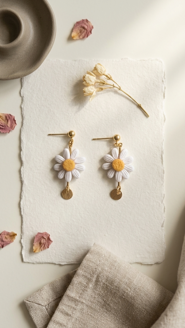 Floral earrings on a textured surface with dried flowers and fabric