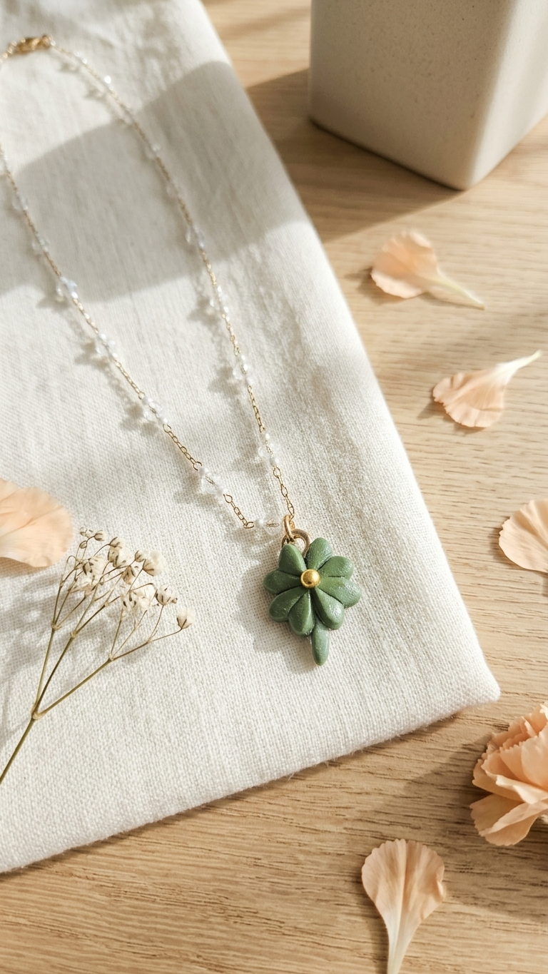 Necklace with a green pendant on a light wooden surface with dried flowers.