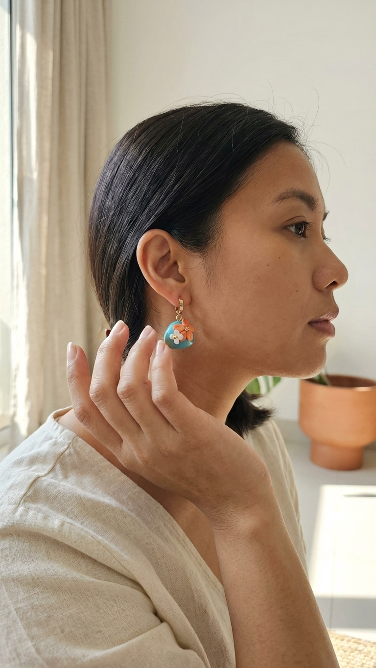 Woman wearing colorful earrings indoors with a neutral background