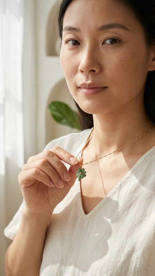 Woman holding a necklace with a green pendant in a softly lit room.