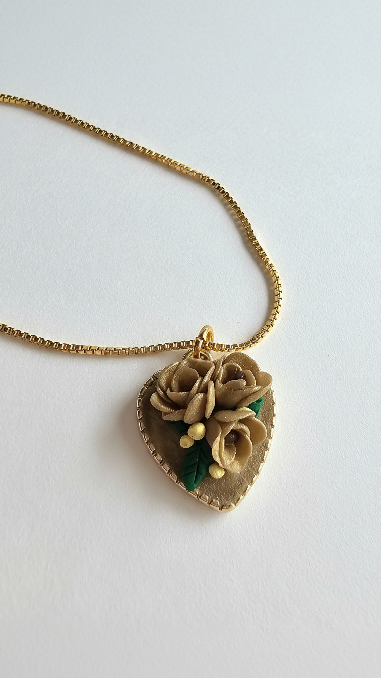 Heart-shaped pendant with floral design on a gold chain against a light background