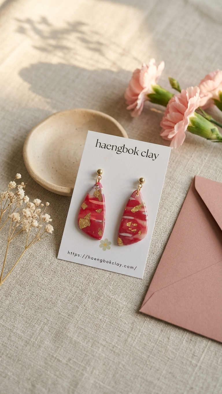 Red and gold earrings on a card with 'haengbok clay' branding, placed on a textured surface with flowers and an envelope.