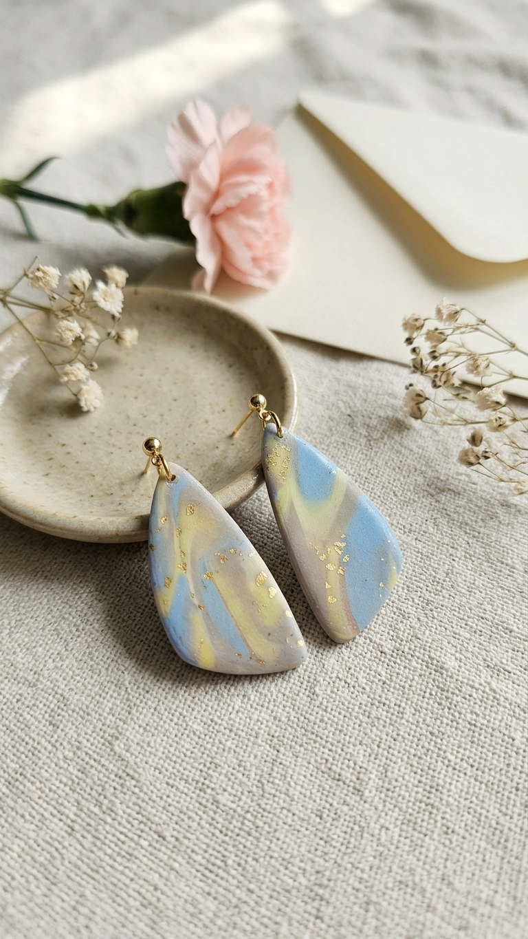 Pair of ceramic earrings with gold accents on a textured surface with flowers and a notebook.