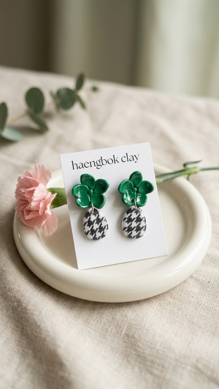 Green pineapple-shaped earrings on a card with 'haengbok clay' branding, displayed on a white plate with a pink flower.