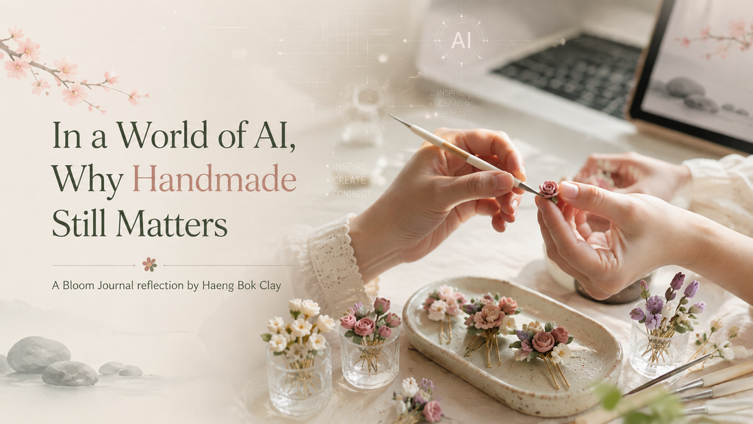 Soft editorial banner showing hands shaping a tiny pink clay flower beside delicate handmade floral pieces, with subtle AI graphics and the title “In a World of AI, Why Handmade Still Matters” by Haeng Bok Clay.