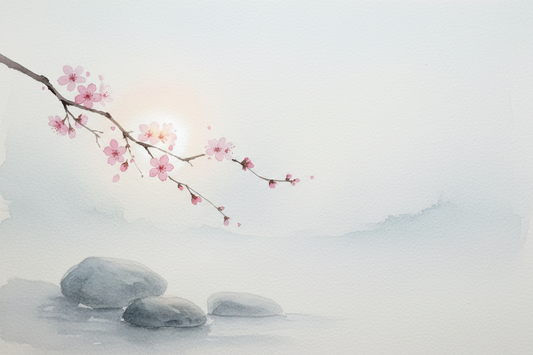 soft minimalist scene with cherry blossom branch over calm water and stones, serene pastel aesthetic, inspired by slow living and quiet reflection