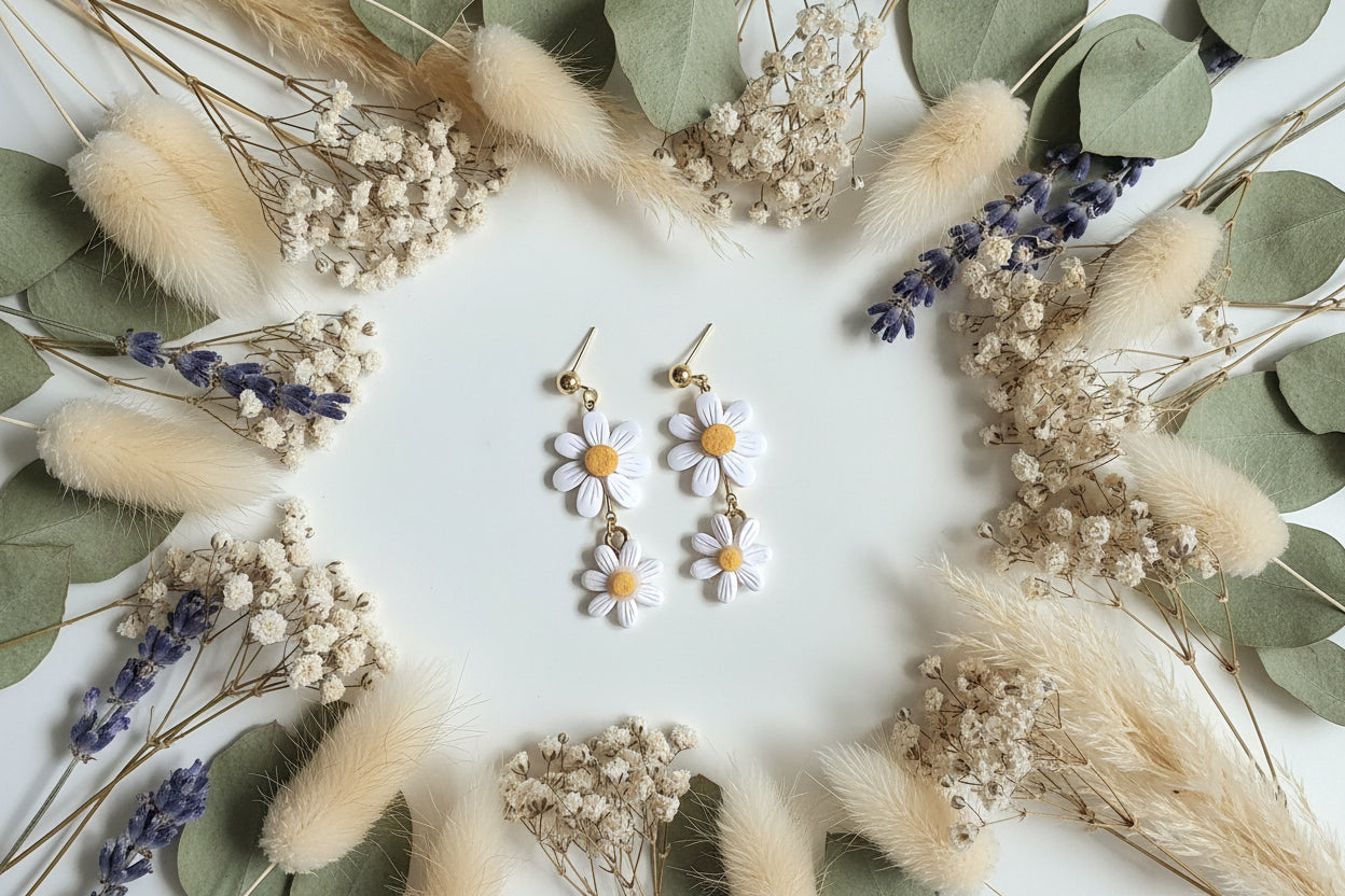 White flower earrings with gold accents on a light gray background
