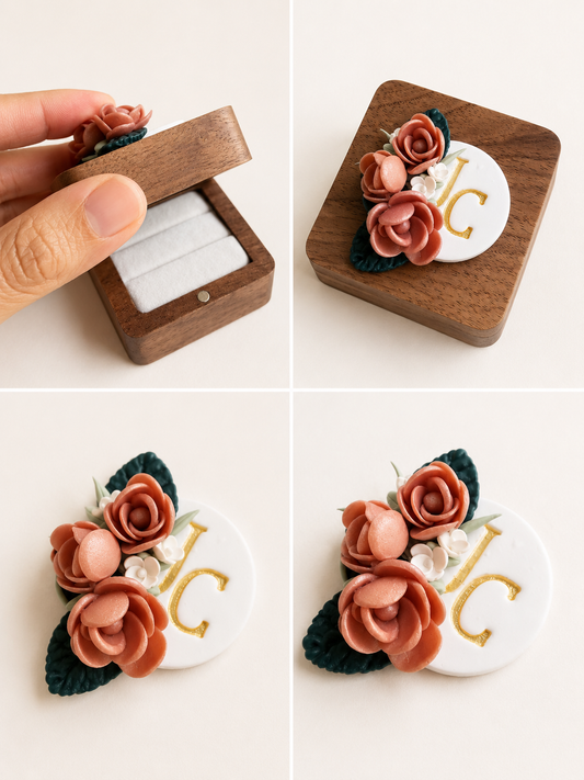 Wooden ring box with floral design and initials 'JL' on a white background