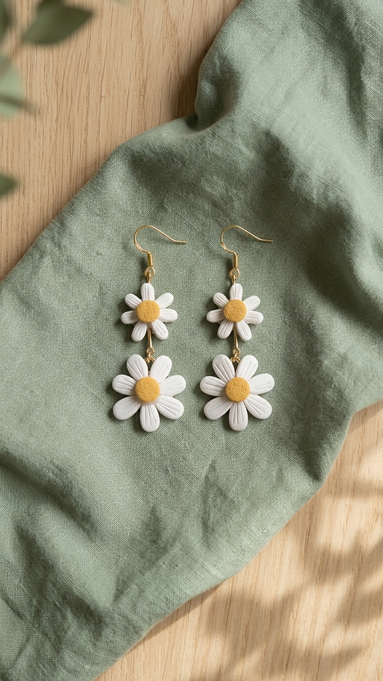 Floral earrings on a green fabric background