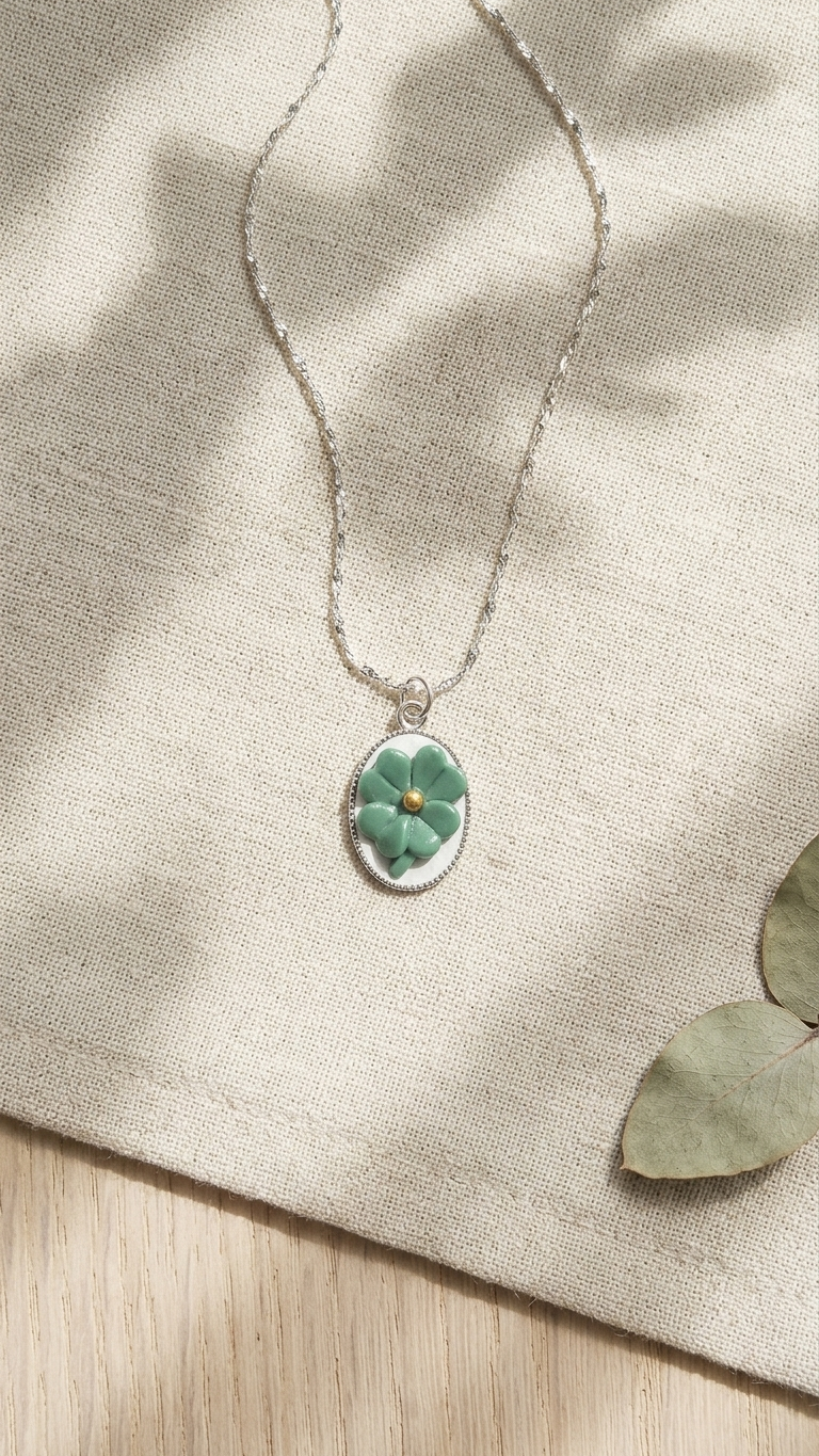 Necklace with a green pendant on a beige fabric background