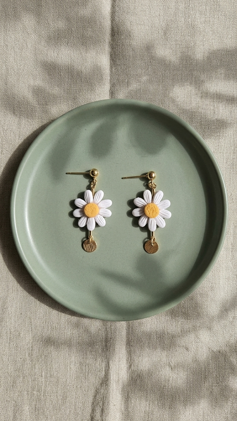 Flower-shaped earrings on a green plate with a neutral background