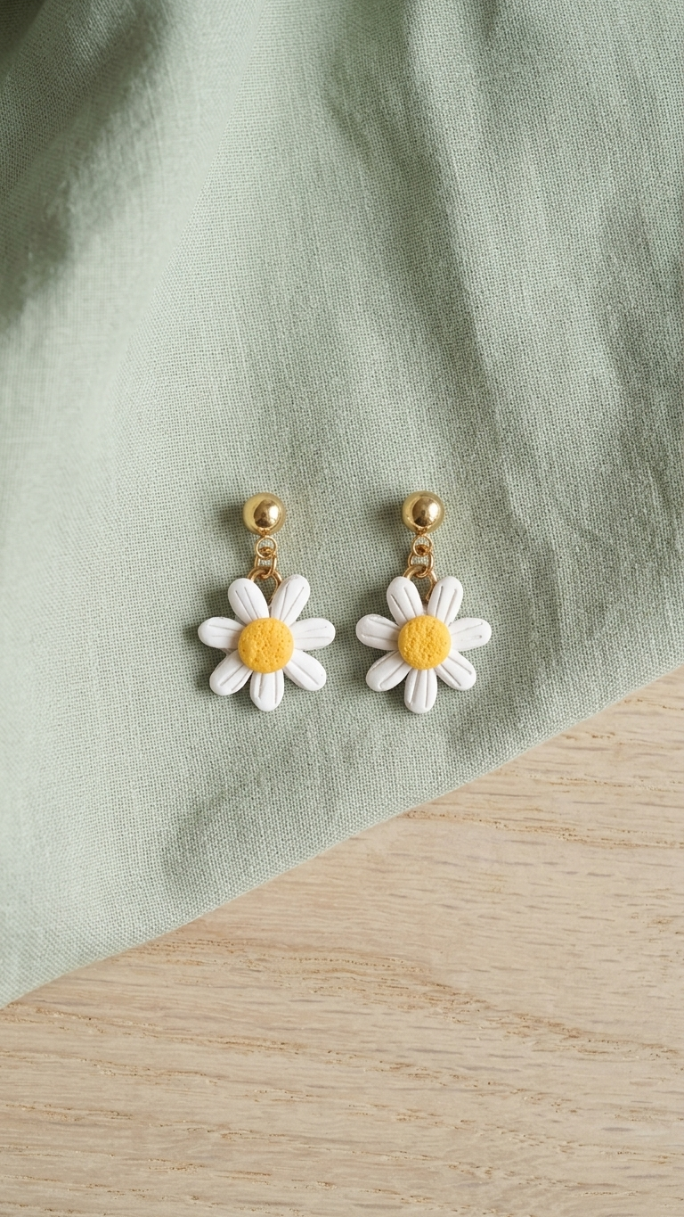 Flower-shaped earrings on a light green fabric background