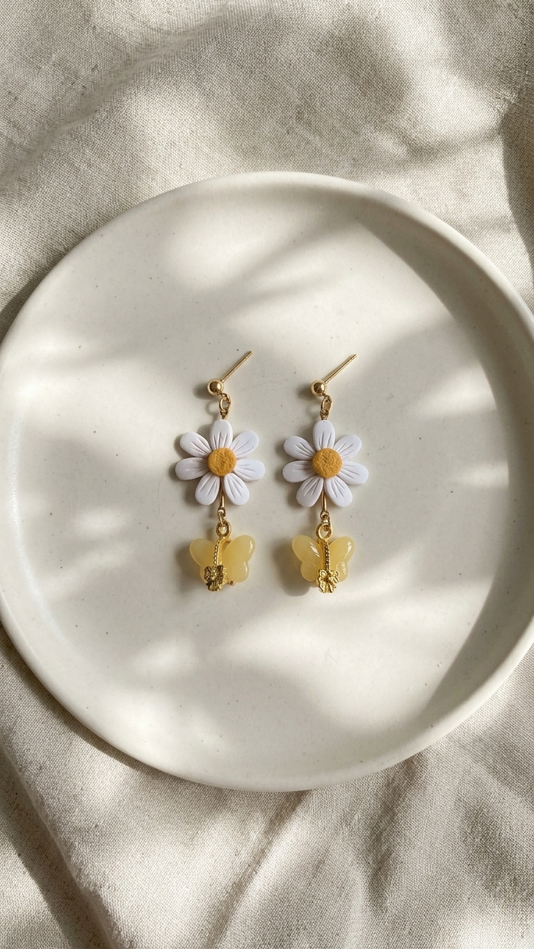 Floral earrings with butterflies on a white plate