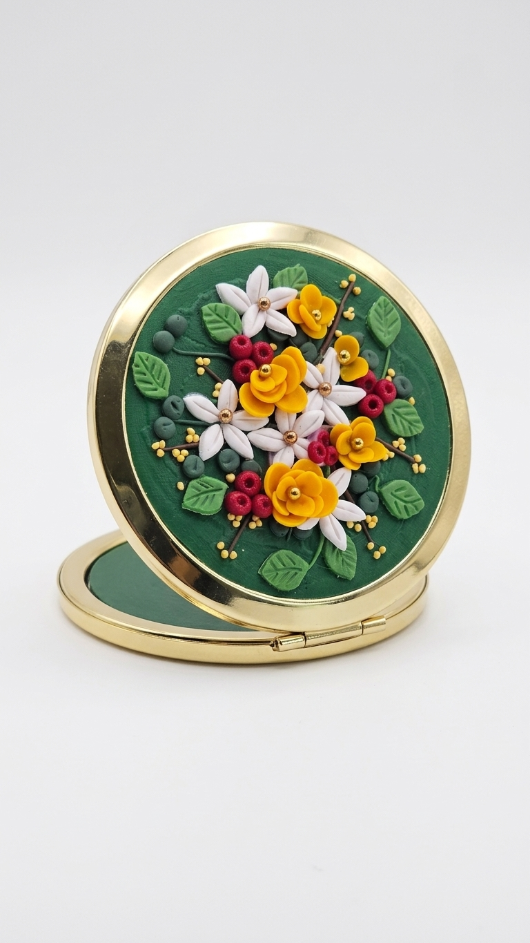 Compact mirror with floral design on a white background