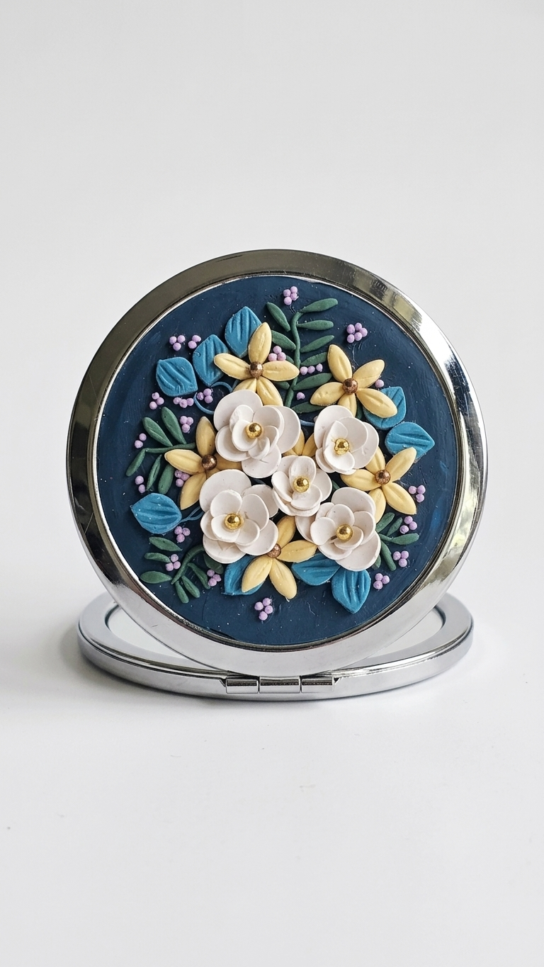 Compact mirror with floral design on a white background