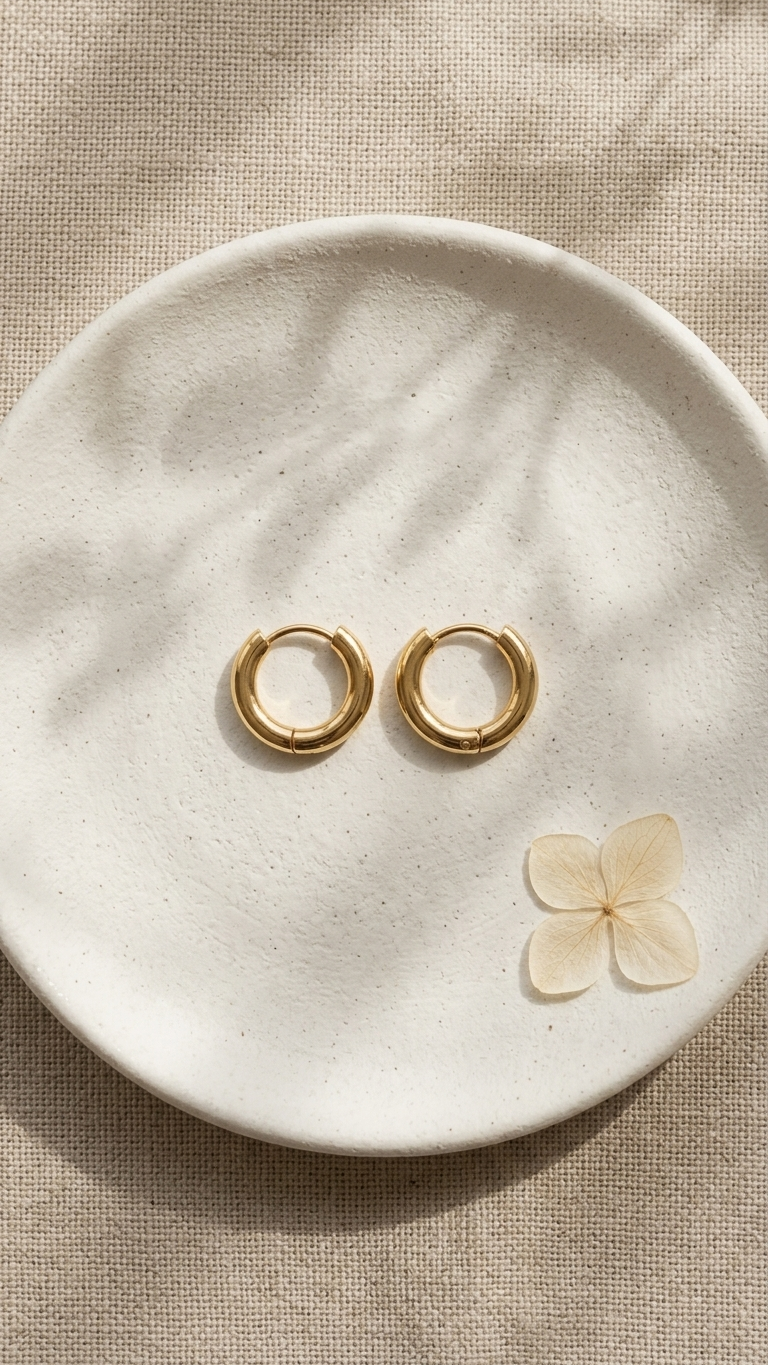 Gold hoop earrings on a white ceramic dish with a dried flower petal.