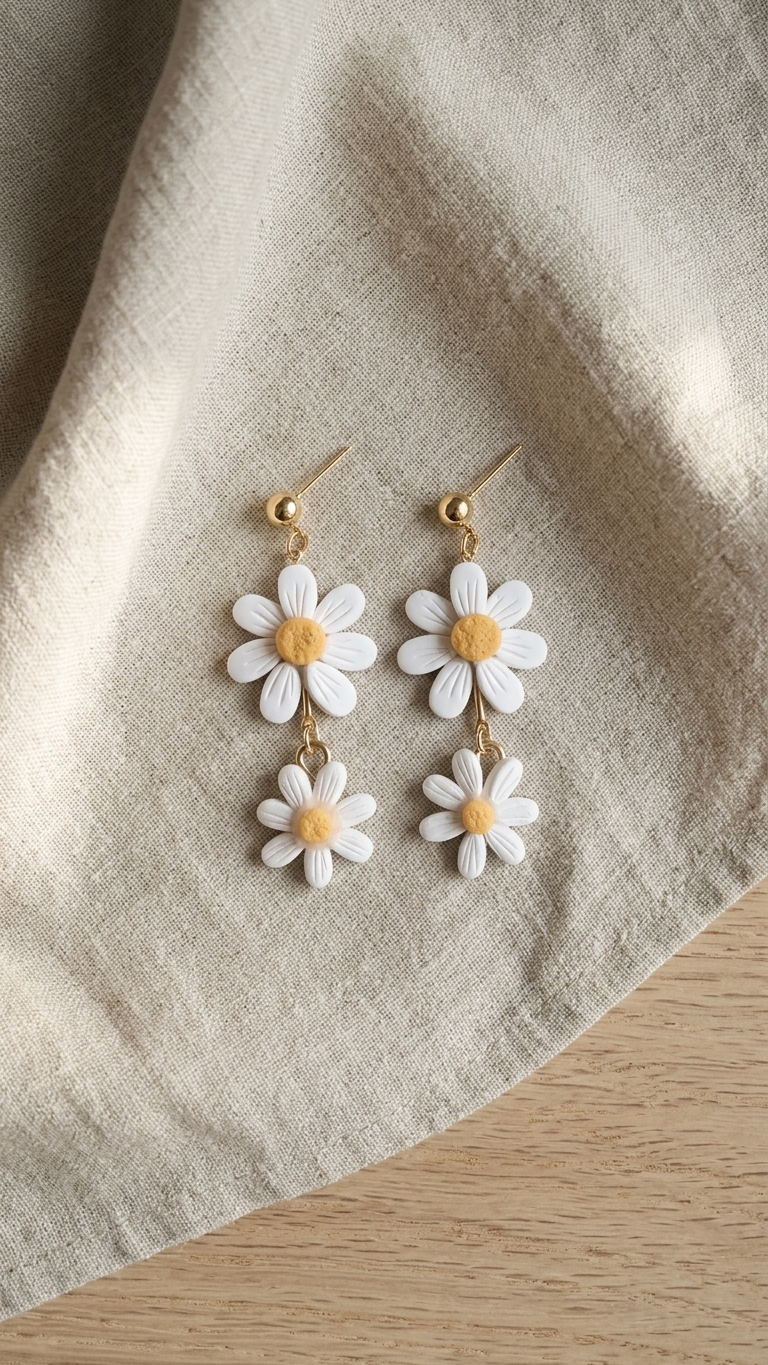 Daisy flower earrings on a beige fabric background