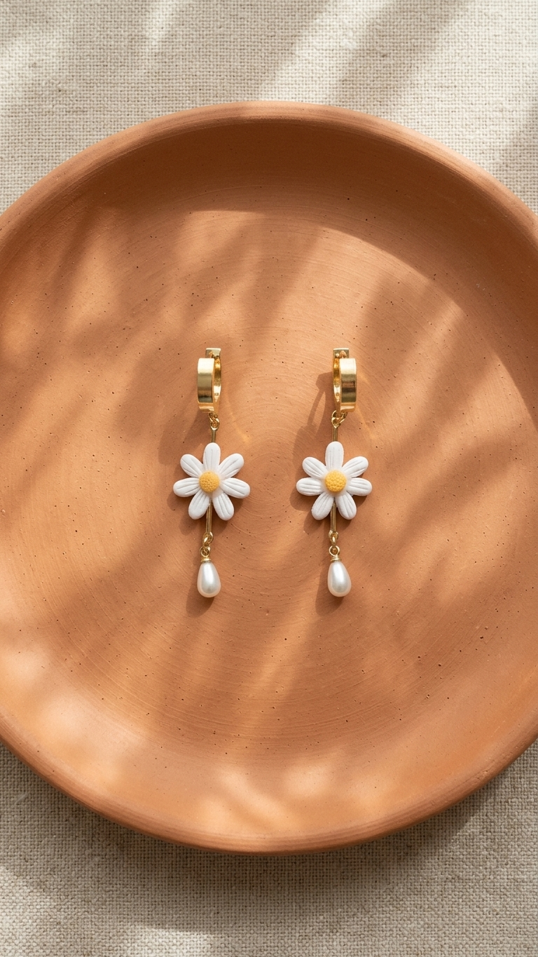 Daisy flower earrings with pearl drops on a terracotta plate.