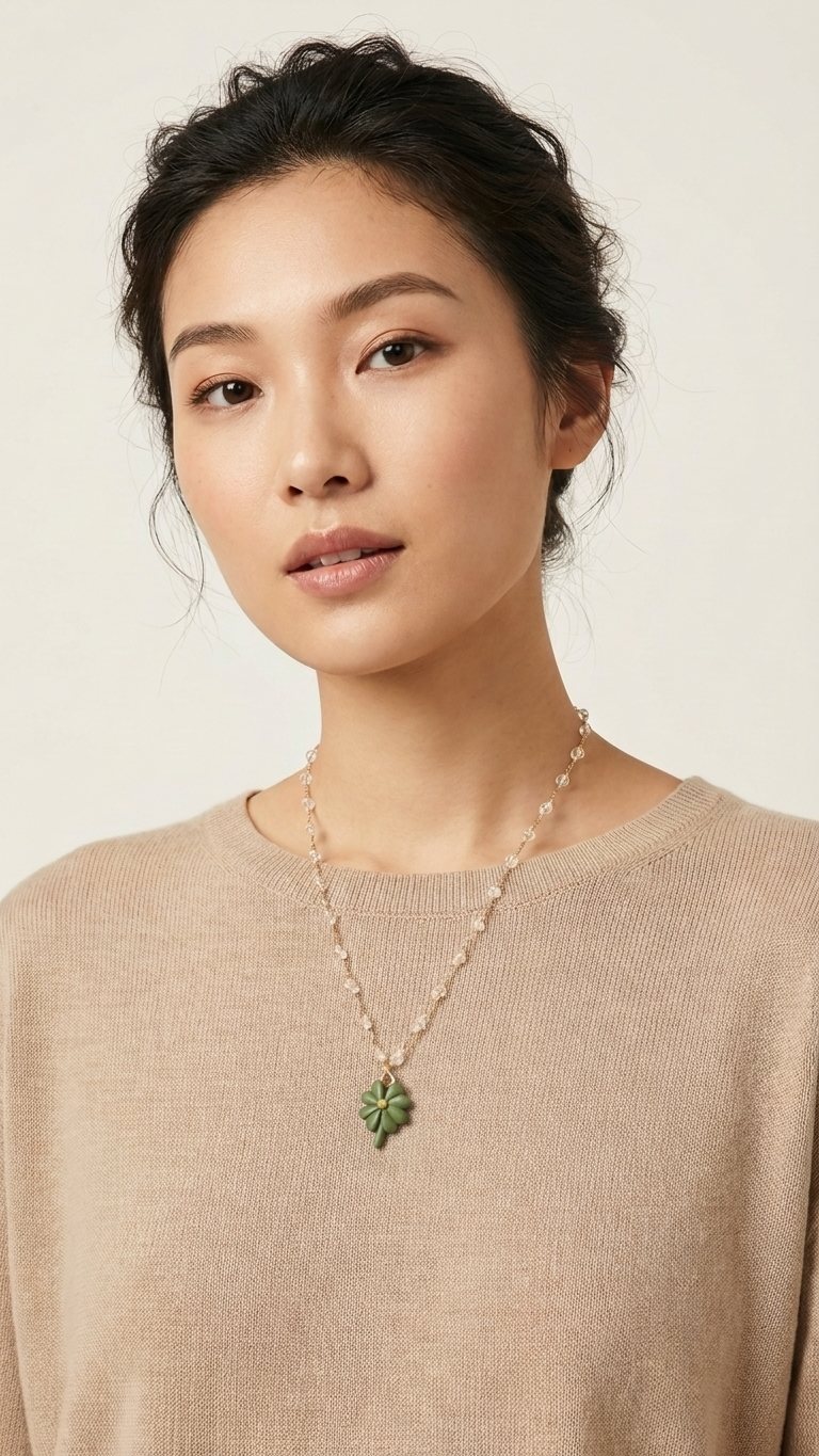 Woman wearing a necklace with a green pendant against a neutral background