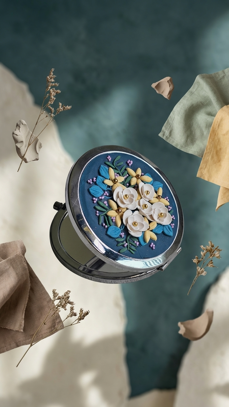 Compact mirror with floral design on a textured surface
