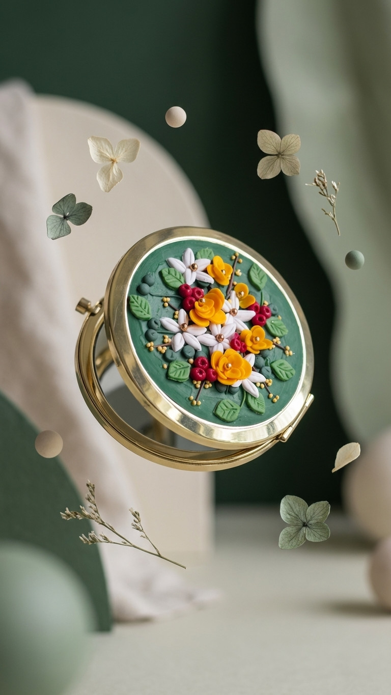 Compact mirror with floral design on a blurred background