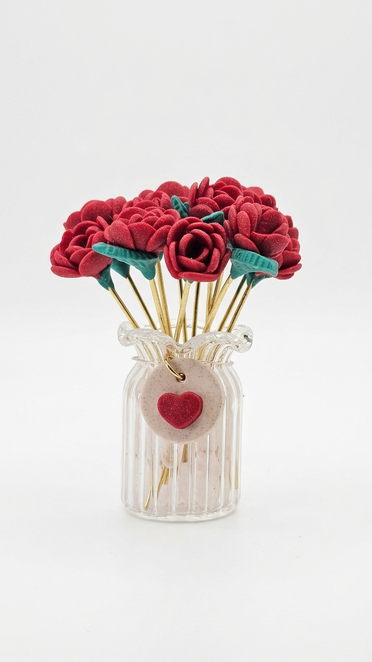 Red felt flowers in a glass jar with a heart tag on a white background