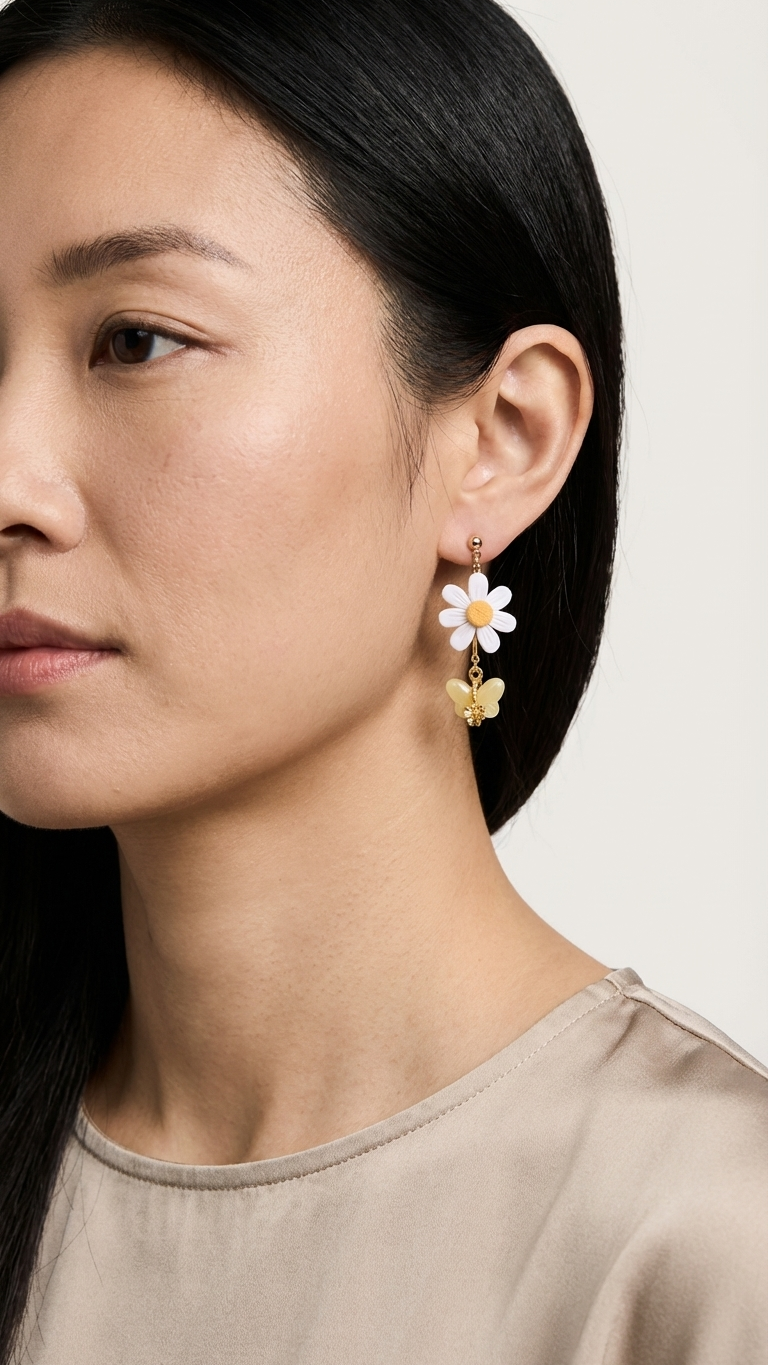 Close-up of a woman wearing floral earrings with a neutral background