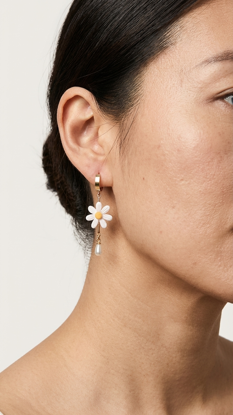 Close-up of a person wearing a floral earring with a white background