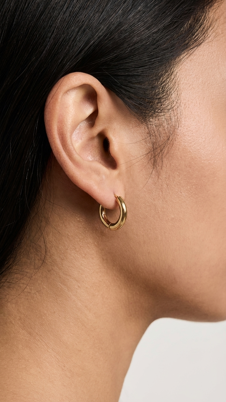 Close-up of an ear wearing a gold hoop earring with dark hair and a white background