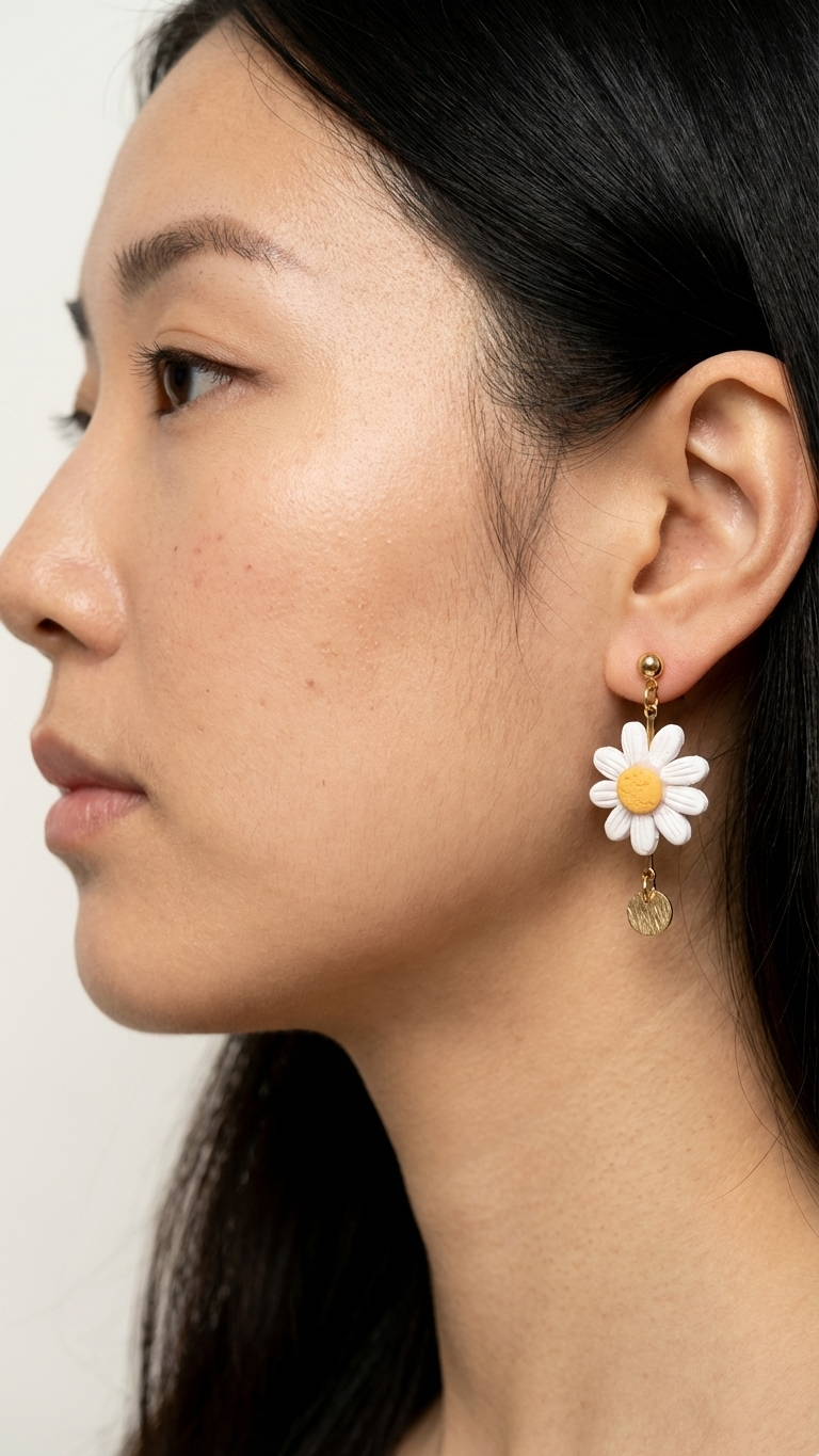 Woman wearing a daisy flower earring on a plain background