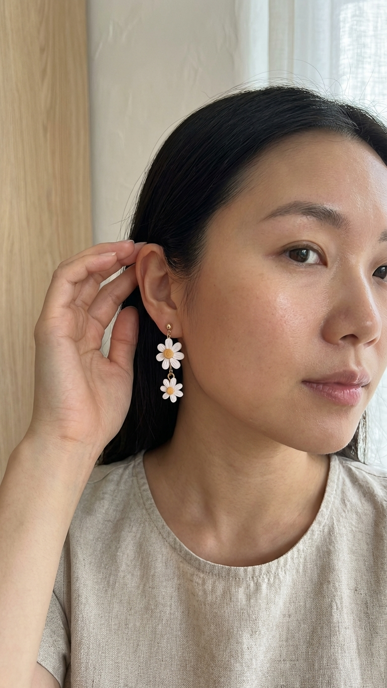 Woman wearing a floral earring indoors with a neutral background