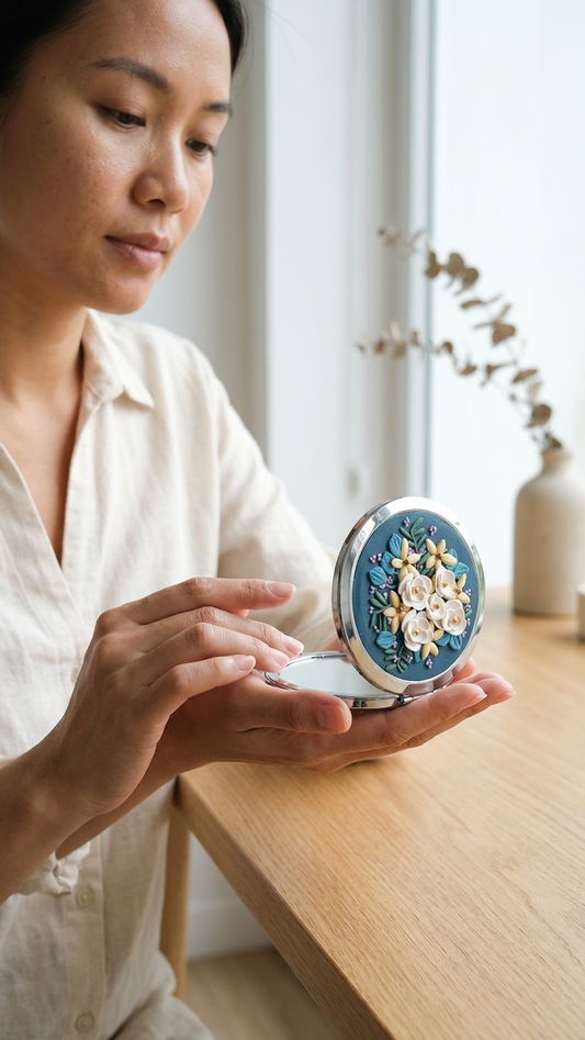 Woman holding a decorative compact mirror in a bright room with natural light.