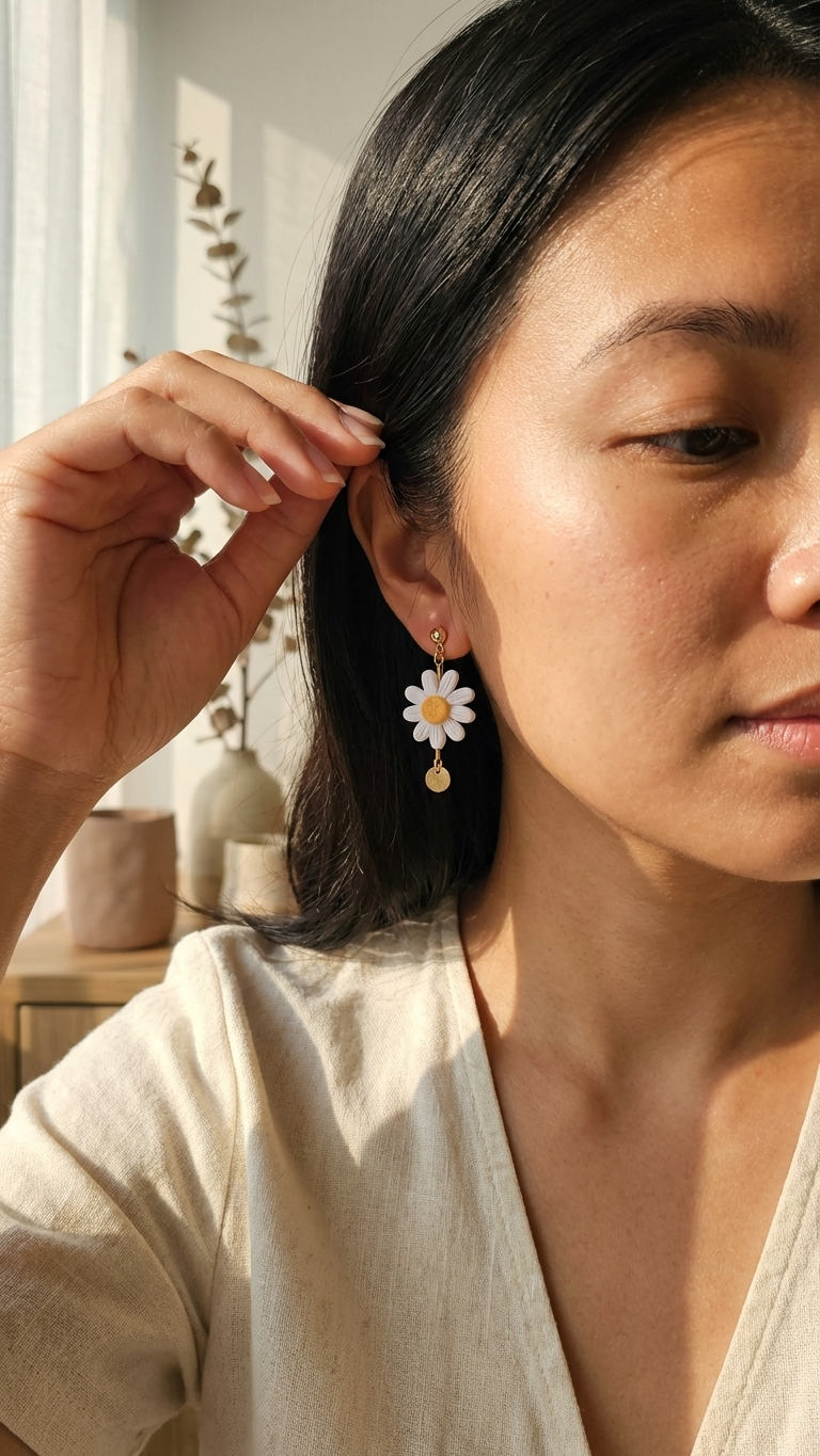 Woman wearing a floral earring in a softly lit room