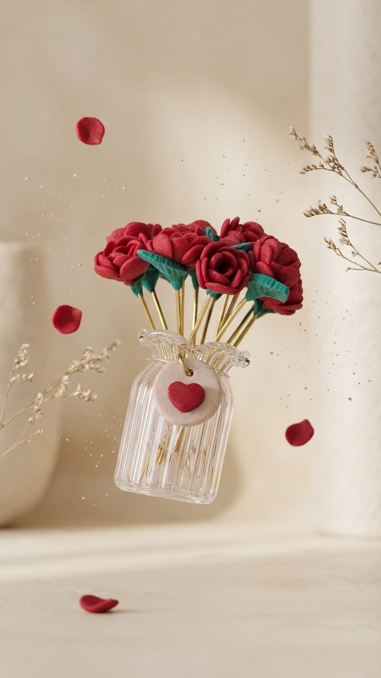 Decorative arrangement with red flowers in a clear vase on a beige background
