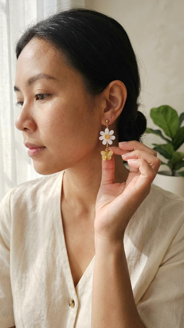 Woman wearing a floral earring with a blurred background