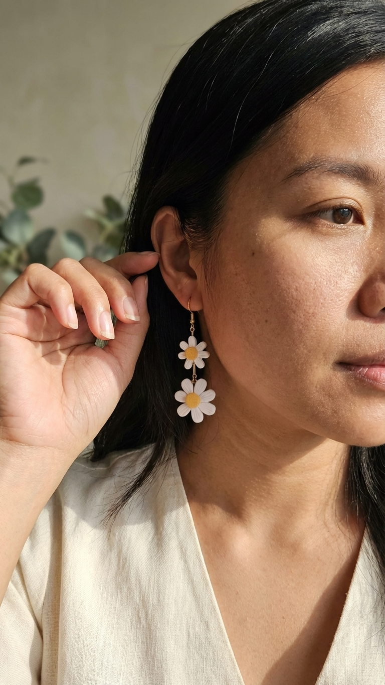 Woman wearing daisy flower earrings with a neutral background