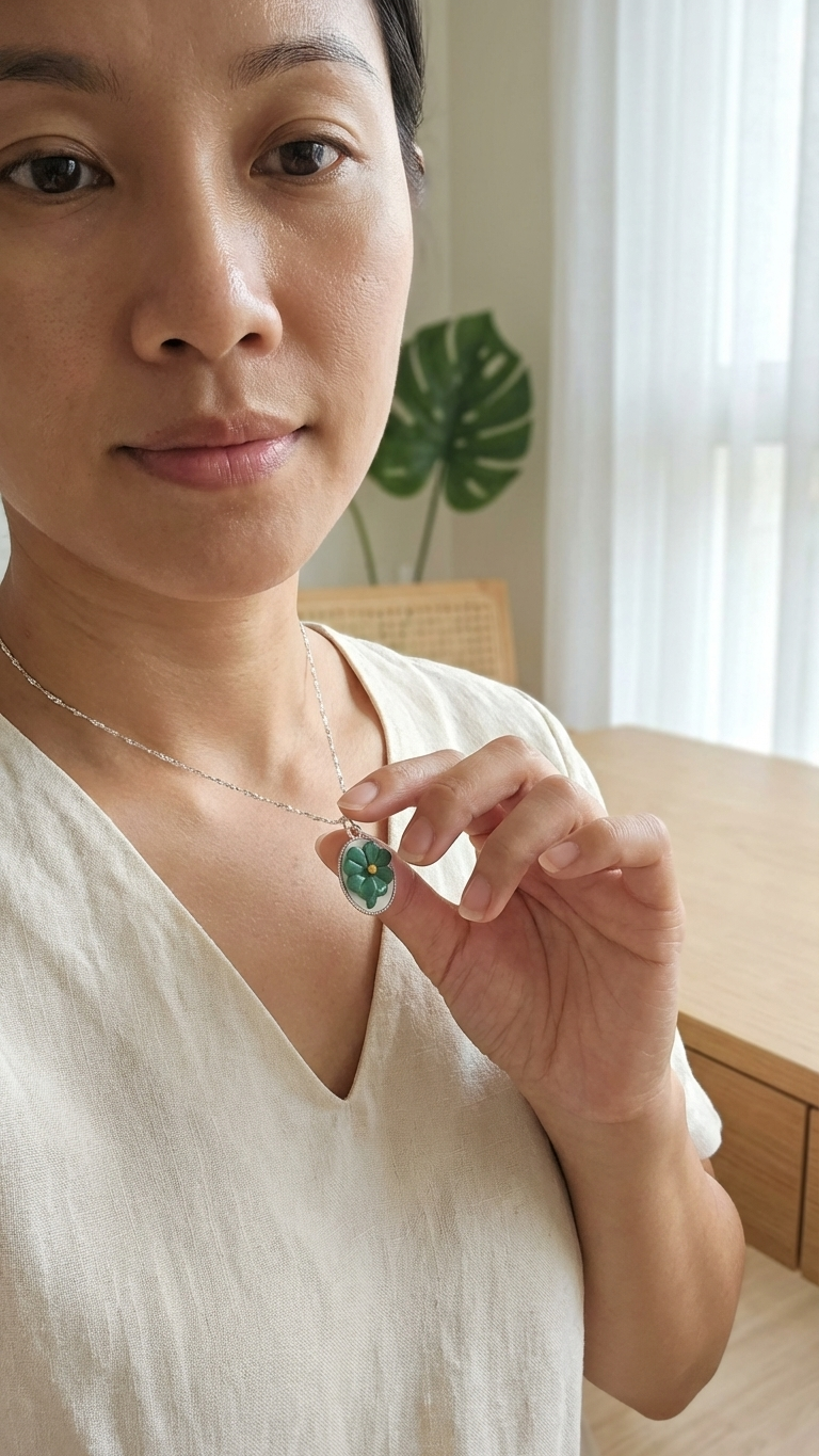 Woman holding a green gemstone necklace indoors