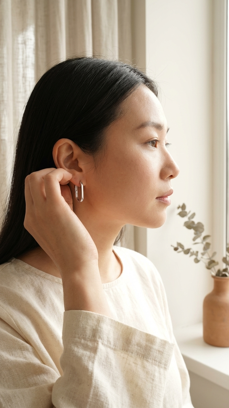 Woman adjusting an earring in a softly lit room with curtains and a plant.