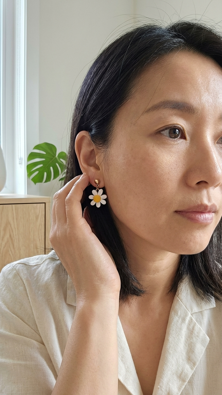 Woman wearing a floral earring in a softly lit room