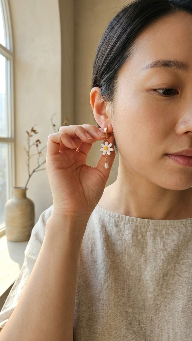 Woman wearing a floral earring indoors with natural light