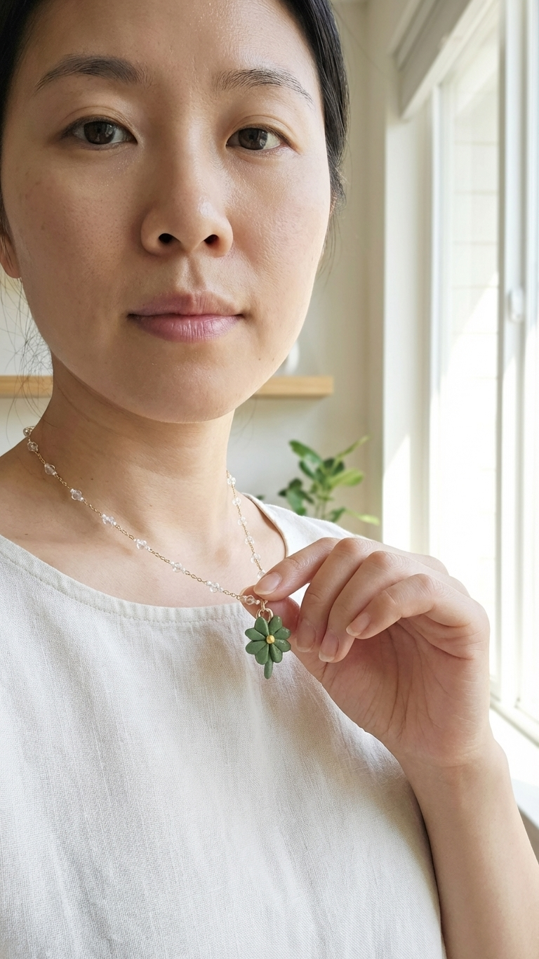 Woman holding a four-leaf clover in front of a window with natural light