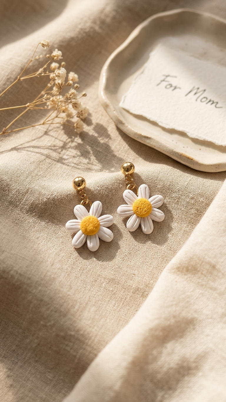 Daisy flower earrings on a beige fabric background with 'For Mom' card.