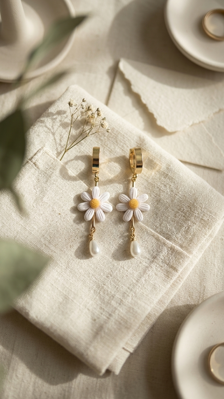 Floral earrings on a textured surface with a soft background