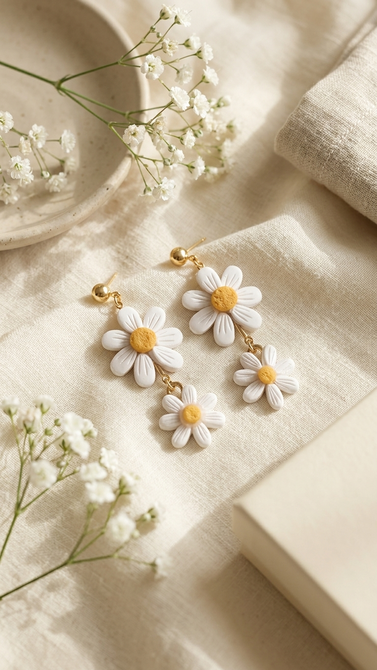 Daisy flower earrings on a soft beige fabric background with small white flowers.