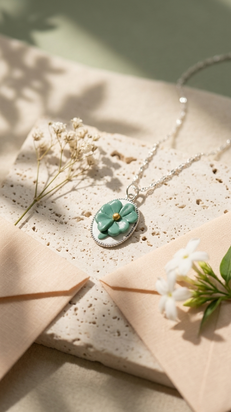Necklace with a turquoise pendant on a textured surface with flowers