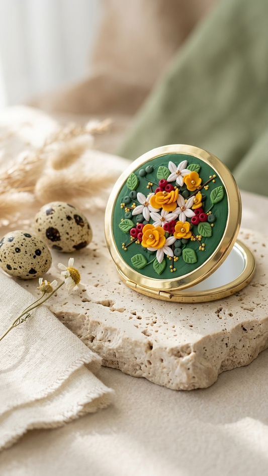 Compact mirror with floral design on a stone surface