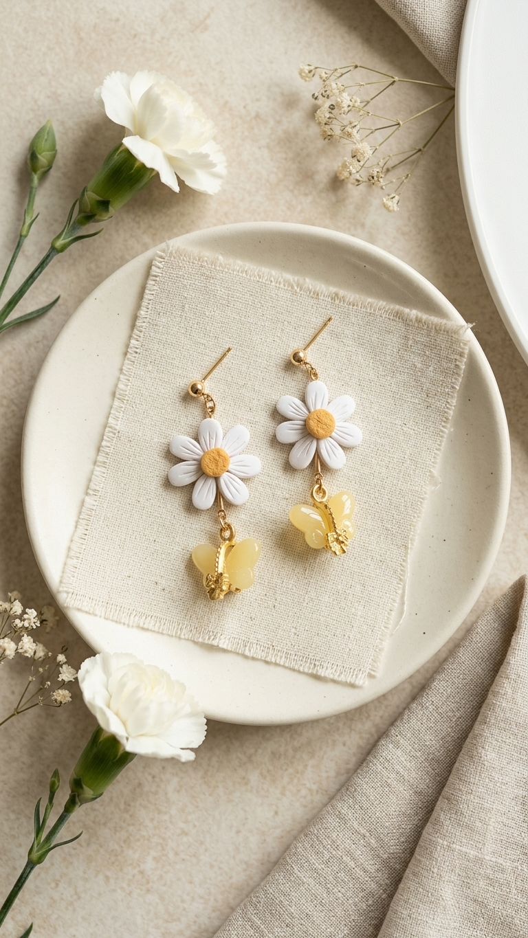 Floral earrings on a white plate with flowers and fabric in the background