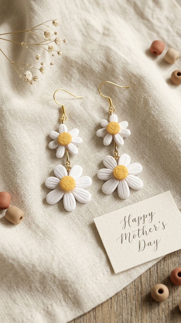 Daisy flower earrings on a textured fabric background with 'Happy Mother's Day' card.